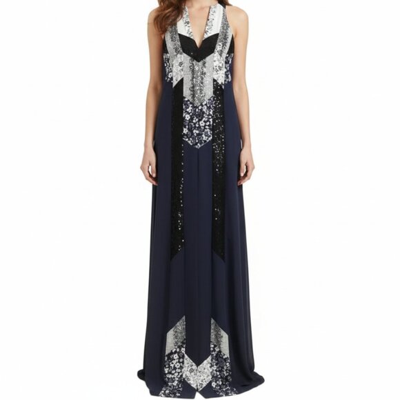𝅺BCBGMAXAZRIA RUNWAY ZUZANA NAVY LACE FLORAL PATCHWORK SLEEVELESS BOHO DRESS - Picture 1 of 11